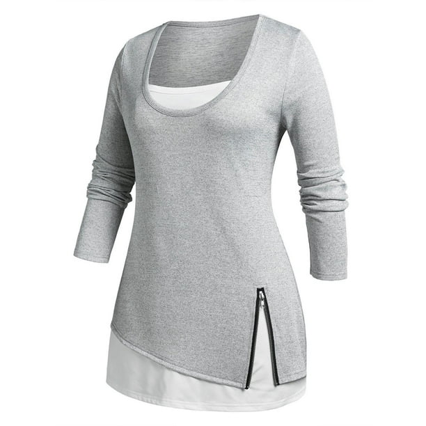 Camiseta Talla Extra Cremallera Falso Rosegal Mangas largas de talla grande