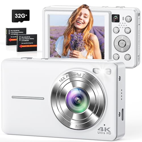 Cámara Digital 4K 64MP con Doble Cámara Autofoco Zoom 16X Anti-vibración Flash Tarjeta 32GB para Vlogging Adolescentes y Adultos
