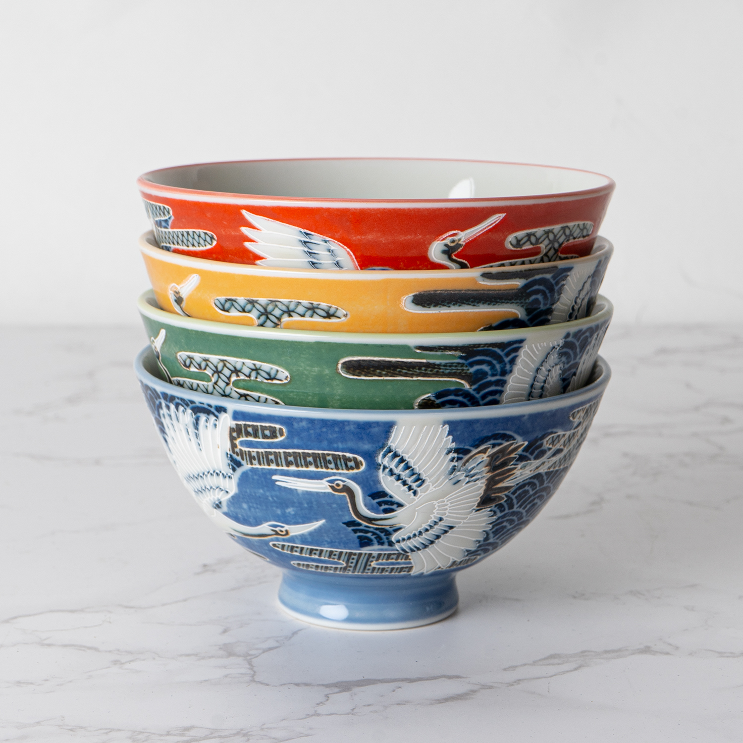 Authentic Japanese Rice Bowl Set 4 Piece Japanese Crane Design 4.5 Inch D Soup Bowls Minoware Porcelain Made In Japan