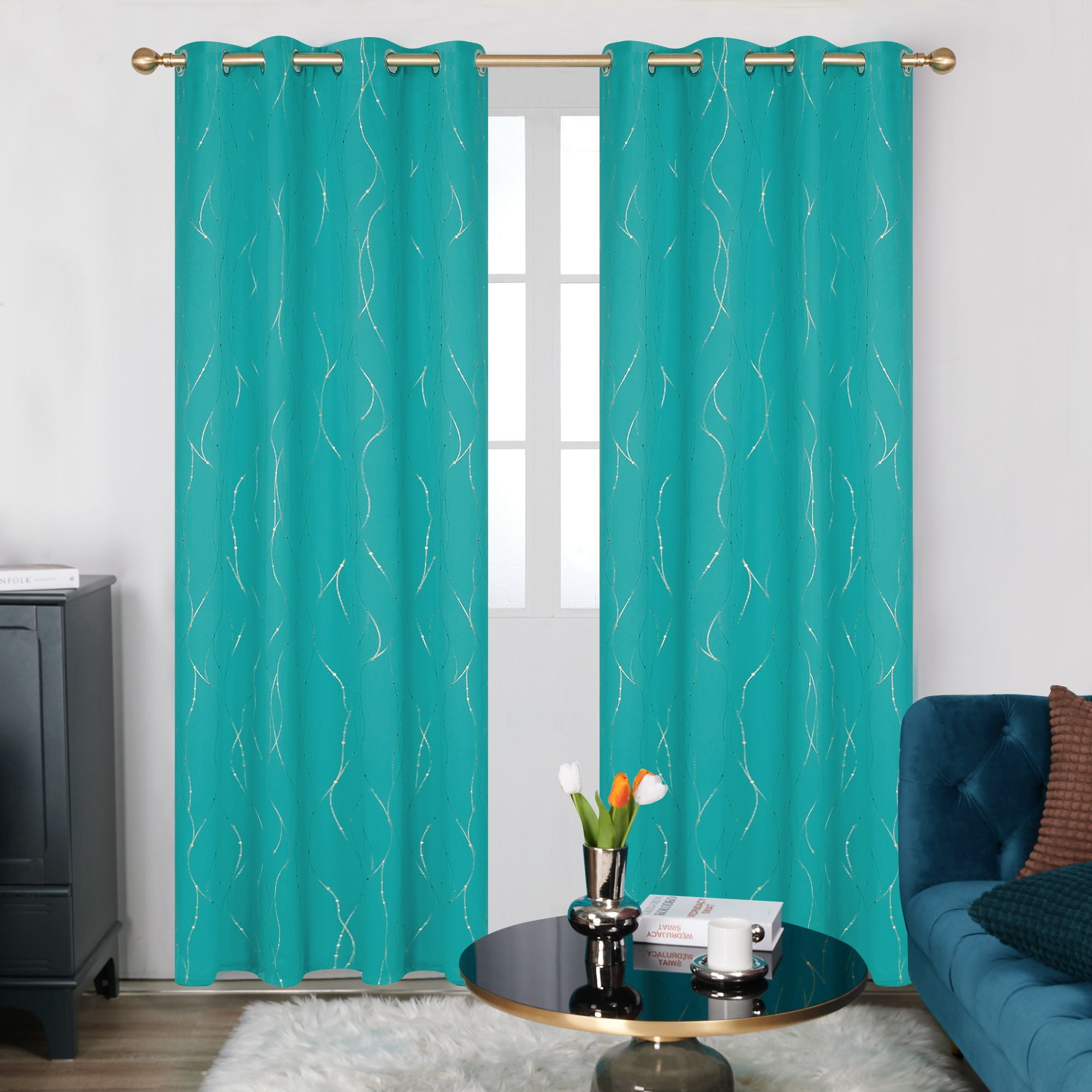Deconovo Blackout Curtains Golden Wave Line with Dots Printed Grommet