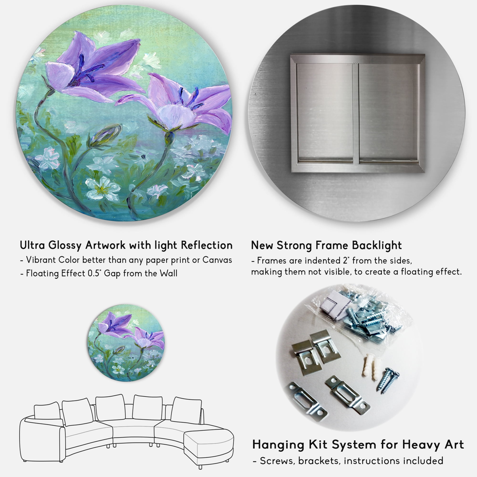 Designart 'Purple Bellflowers Blooming' Traditional Circle Metal Wall Art 29x29 - Disc of 29