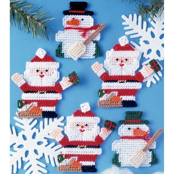 Design Works Plastic Canvas Ornament Kit 4" Set of 5Santa & Snowman (7