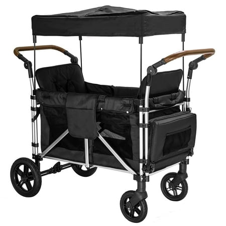 Deygia Stroller Wagon for 2 Kids, Wagon Cart Featuring with 5-Point Harnesses and Adjustable Canopy, Foldable Double Push Bar Wagon Stroller for Garden, Camping, Grocery Cart, 2 Seats (Black)
