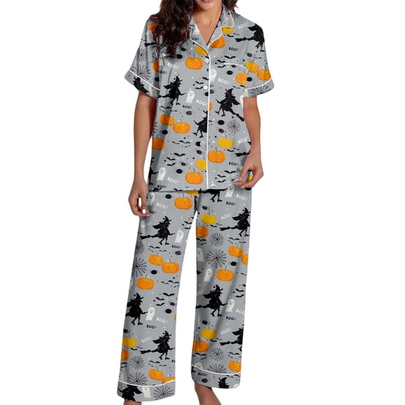 MuXiKeJi Clothes Oversize Fit Pumpkin Pattern Halloween Short Sleeve Long Pant Pajama Set, Soft Fabric Home Sleepwear Casual Indoor Daily Lounging for Ladies Women Loose Pumpkin Pajama Set