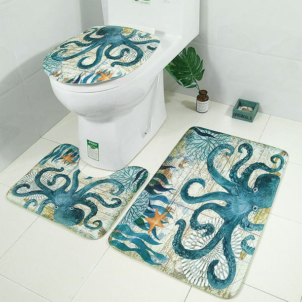 3 Piece Blue Octopus Soft Bathroom Bath Mat Rug Set Extra Absorbent Solid Washable Toilet Lid Cover Anti Slip Rubber Backing Com - Bathroom Rug And Toilet Seat Cover
