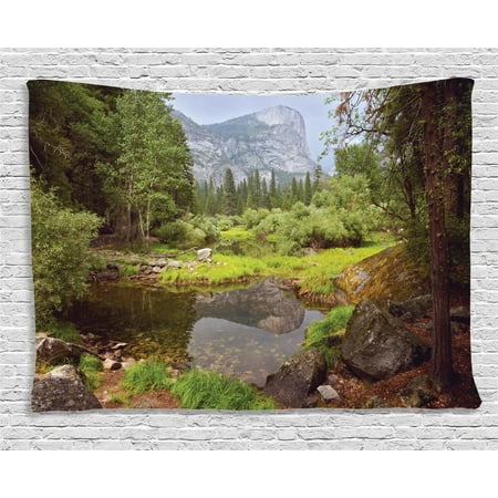 Apartment Decor Tapestry, Spring Forest Distant Mountain Picture of Yosemite National Park Scenery Print , Wall Hanging for Bedroom Living Room Dorm Decor, 60W X 40L Inches, Green, by