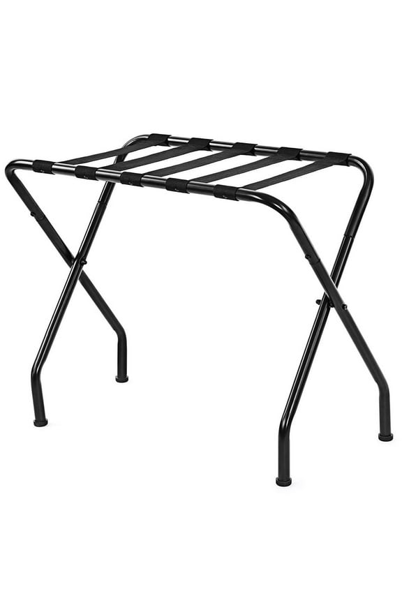 Portable Folding Metal Luggage Rack with Nylon Belts Suitcase Stand Holder Shelf Space Saving Easy to Install for Travel, Home, Hotel, Guest Room, Bedroom - Black