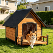 Aivituvin Woodden Dog House with Proch, Weatherproof Outdoor Kennel Chew-Resistant Iron Frame & Asphalt Roof for Outdoor for Small & Medium Dog Breeds