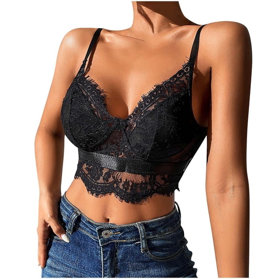 JGGSPWM Women's Lace Bralette V Neck Crop Lingerie Cami Tank Tees Black M