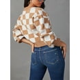 thumbnail image 3 of RWJDXD Womens Plaid V Neck Crop Cardigan Sweaters Button Down Long Sleeve Cable Knit Tops Checkerboard Sweaters loose, 3 of 5