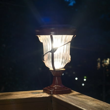 UPC: 0859641007318 | Gama Sonic Outdoor Solar Post Light Mediterranean Style Antique Bronzed Aluminum with Fluted Glass 3 Mount Options: Lamp Pole Flat Mount for Column or Pier and Wall Sconce Mount 113B533