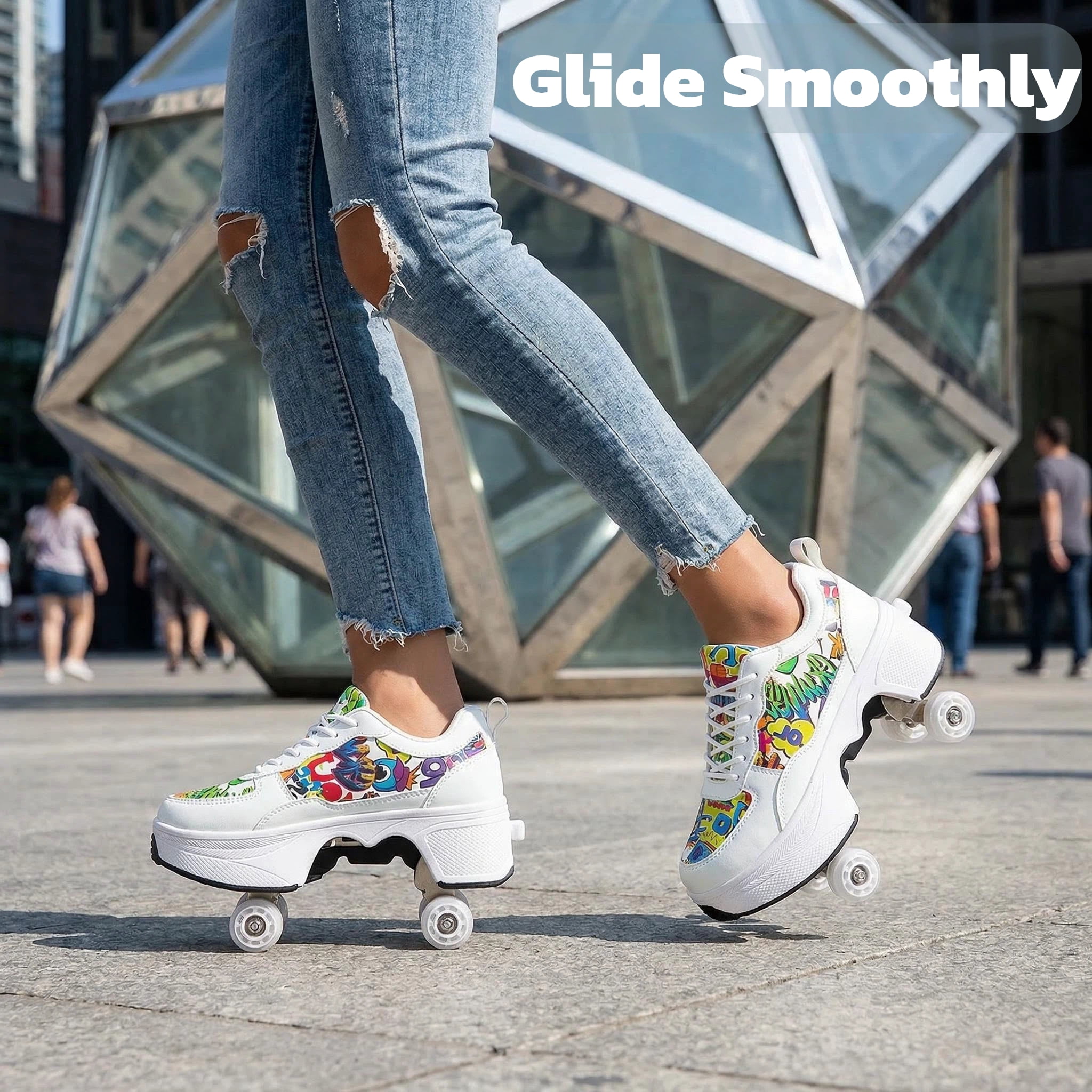 CZV Women's & Teens Graffiti Print Four-Wheel Convertible Roller Skate Shoes,2-in-1 Roller Skates & Sneakers Unisex Retractable Wheels Indoor Outdoor Fun & Fitness Kick Roller Shoes