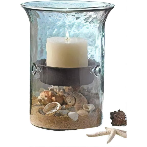 Glass Hurricane Pillar Candle Holder with Rustic Metal Insert, Perfect as a Centerpiece (Medium Bubble Glass)