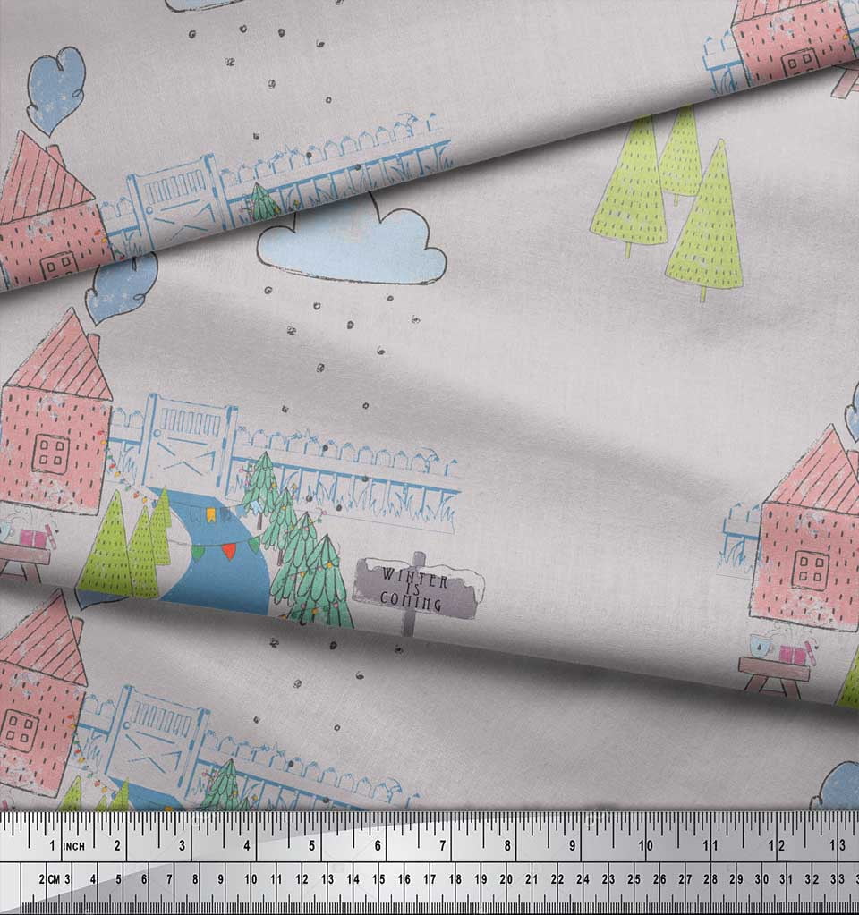 Soimoi Gray polyester Crepe Fabric Clouds & Tree Christmas Print Fabric by the Yard 52 Inch Wide