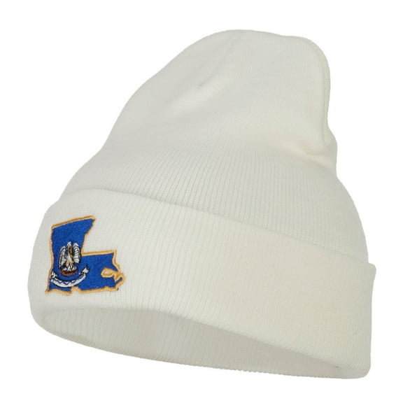 Louisiana State Flag Map Embroidered Long Beanie - White OSFM
