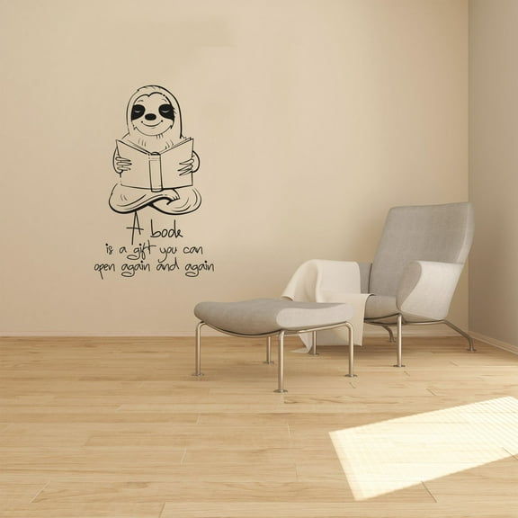A Book Is A Gift You Can Open Again And Again - Cute Sloth Reading Vinyl Wall Art Wall Sticker Wall Decal Home Kids Library Area Living Room Boys Girls Kids Wall Decor Design Size (30x22 inch)