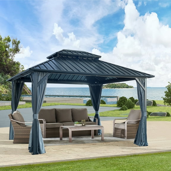 CoSoTower 10' X 12' Hardtop Gazebo with Galvanized Steel Double Roof, Sturdy Aluminum Frame, Curtains, and Netting for Patio, Lawn, and Garden