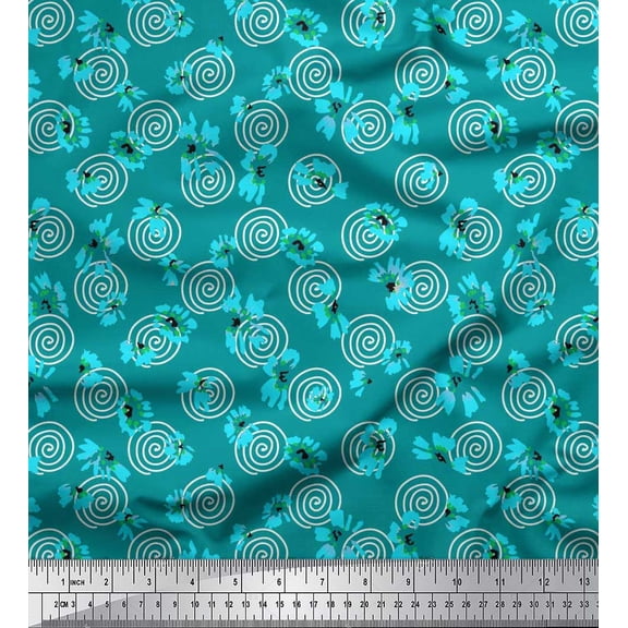 Soimoi Green Poly Georgette Fabric Stripe & Wild Flower Floral Decor Fabric Printed Yard 42 Inch Wide