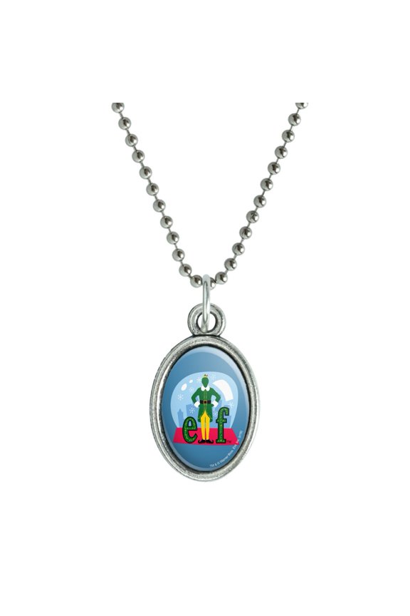 Elf Snow Globed Antiqued Oval Charm Pendant with Chain
