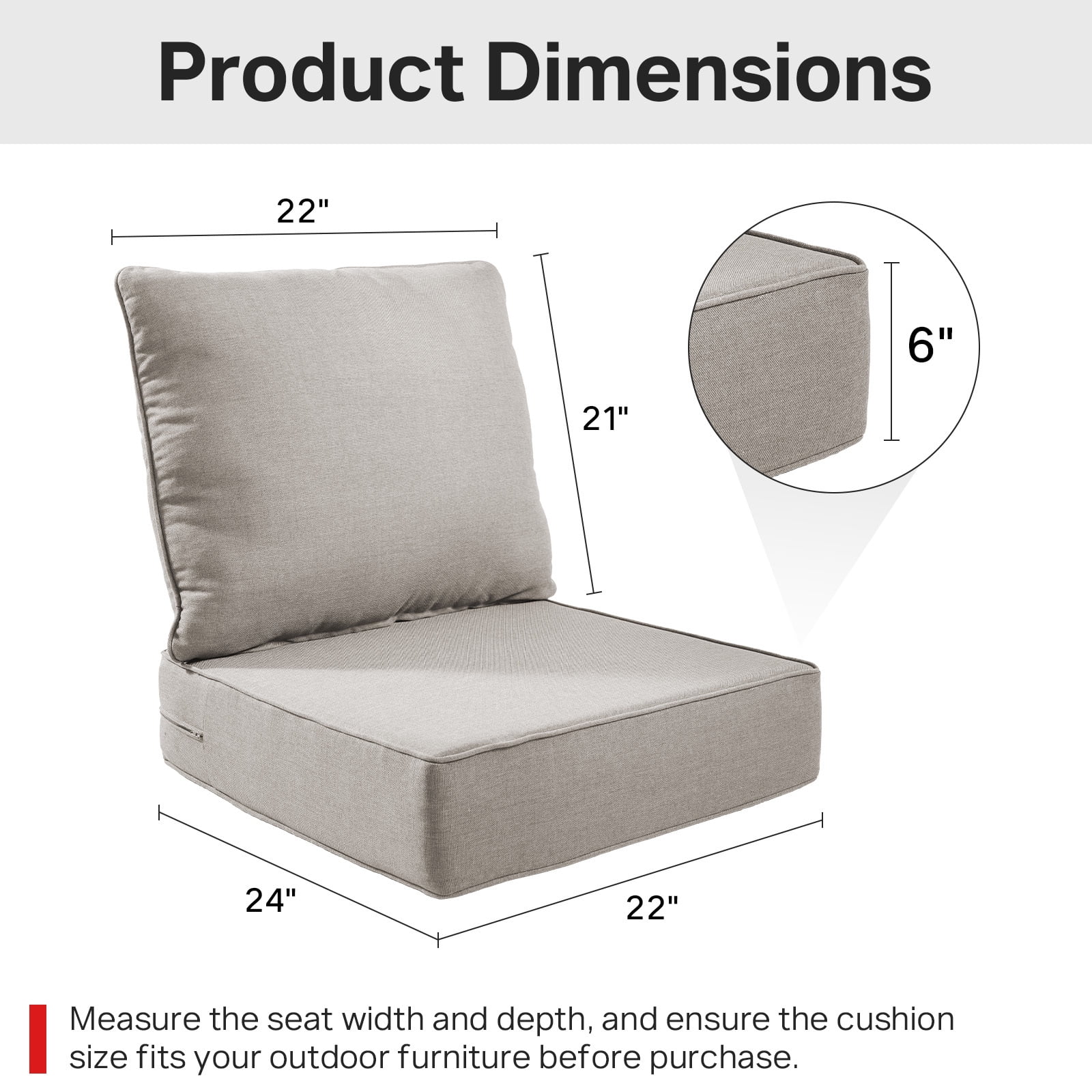 Opohoro Outdoor Deep Seat Cushion Set, 24"x22"x6", Water Resistant & UV Resistant Comfortable Furniture Cushions for Patio Chair, Sofa, Loveseat