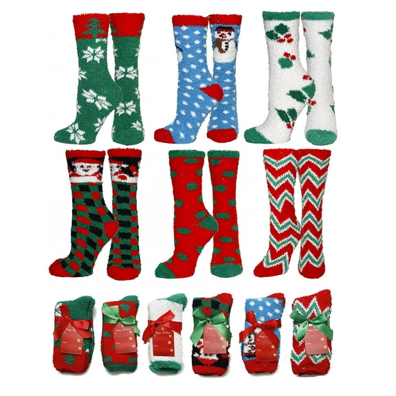 Gilbin Women's Soft Fuzzy Sock, Holiday Christmas Slipper Socks, holiday stocking stuffers, Snowflake Fuzzy Socks, 6 Pack, Size 9-1
