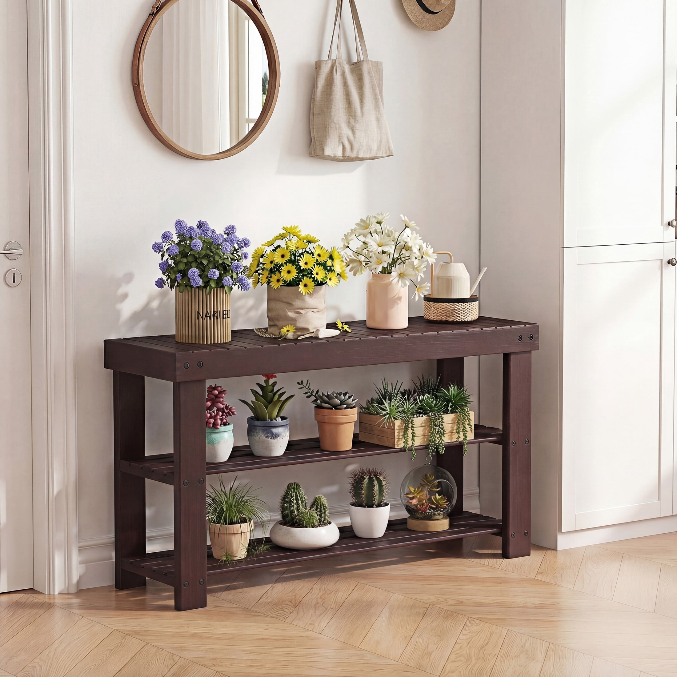 CONCETTA 27-In Bamboo Shoe Rack & Bench, 3-Tier 280 lb Capacity Storage Organizer for Entryway, Living Room, Balcony, Brown