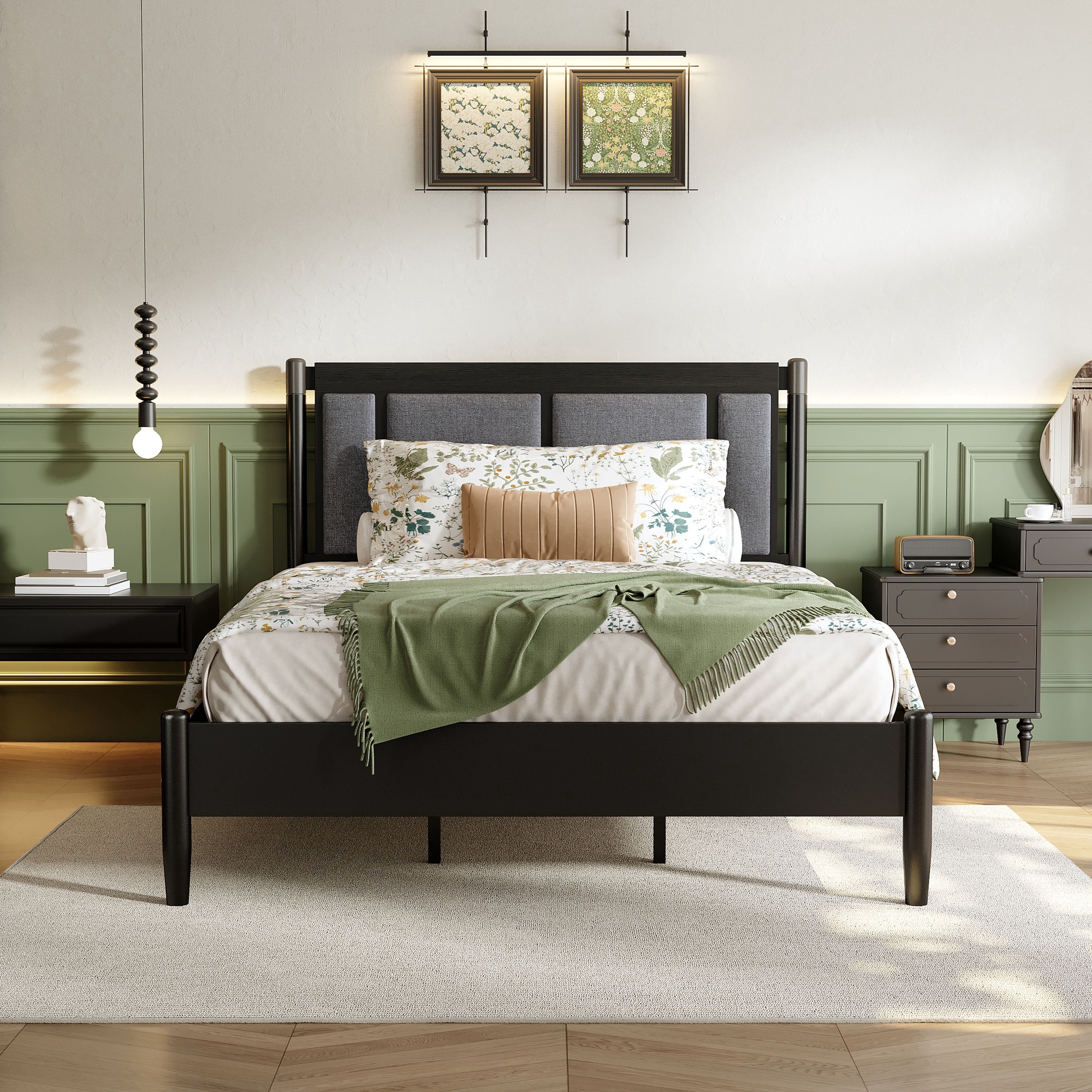 Queen Bed Frame 81 Inch, Solid Wood Platform Bed with Upholstered Headboard and Metal Handles, Heavy Duty Bed Frame with 500 lbs Support, Black