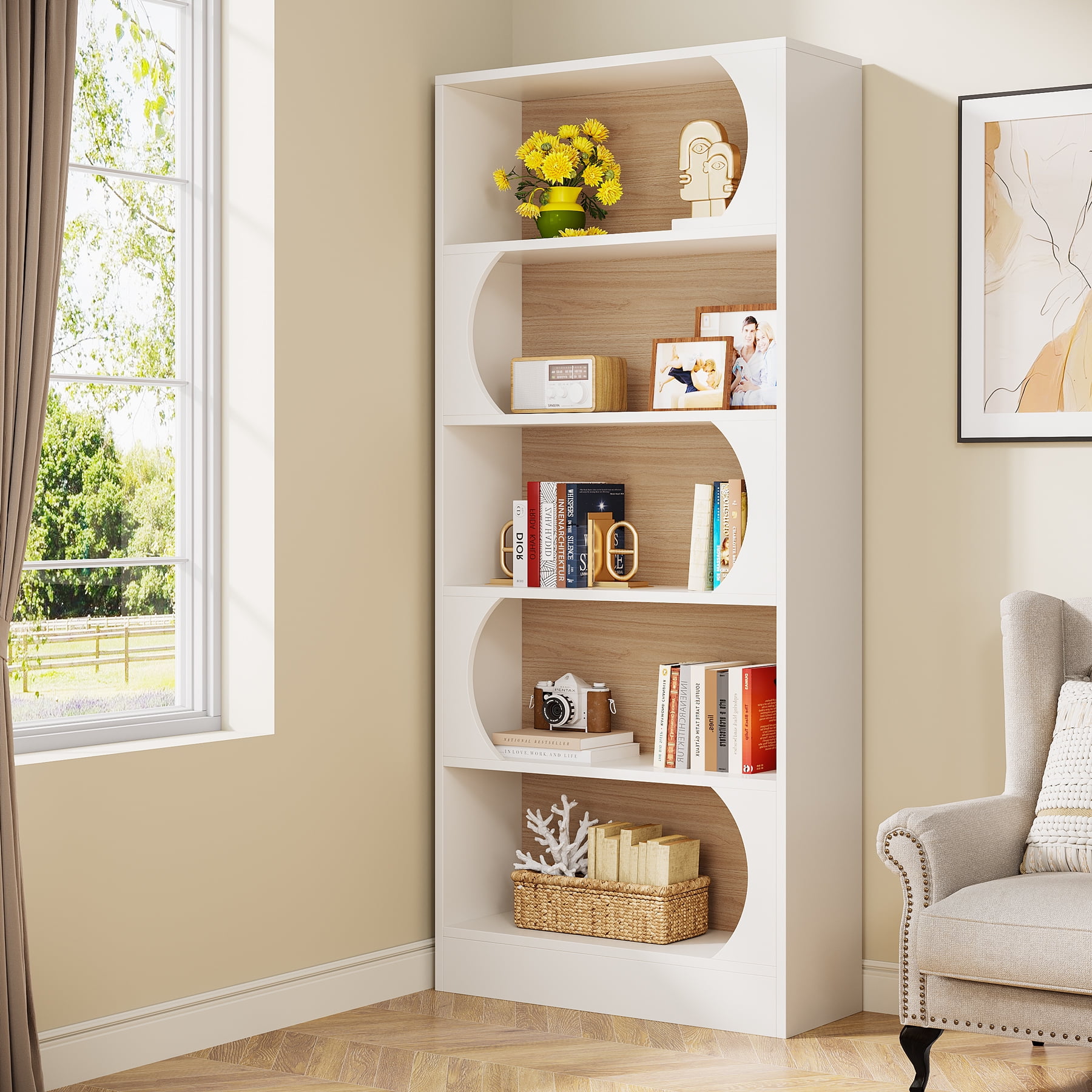 Demi Bonn 5-Tier Bookcase with Storage Shelves, Wood Bookshelf Storage Organizer, 70" Tall Display Standing Shelf Unit for Bedroom, Living Room, White