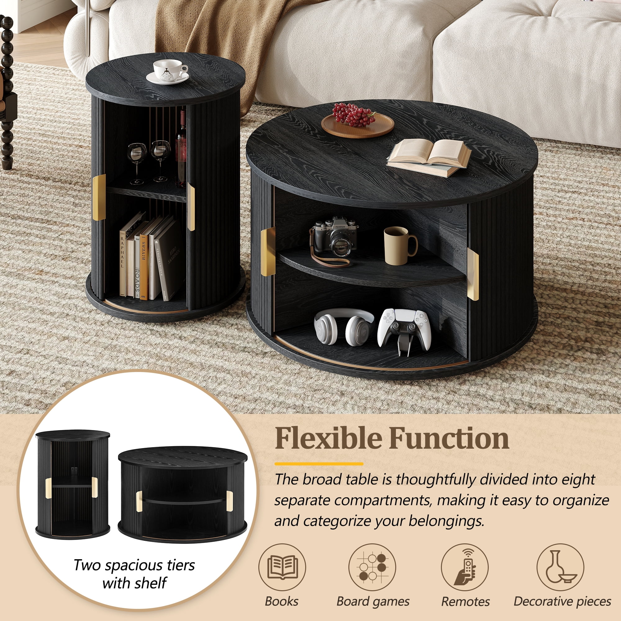 Euroco Mid-Century Coffee Table Set with Sliding Tambour Door, Round Fluted End Table With Storage, Golden Handle Tall & Low Side Table with Wooden Finish for Living Room, Set of Two