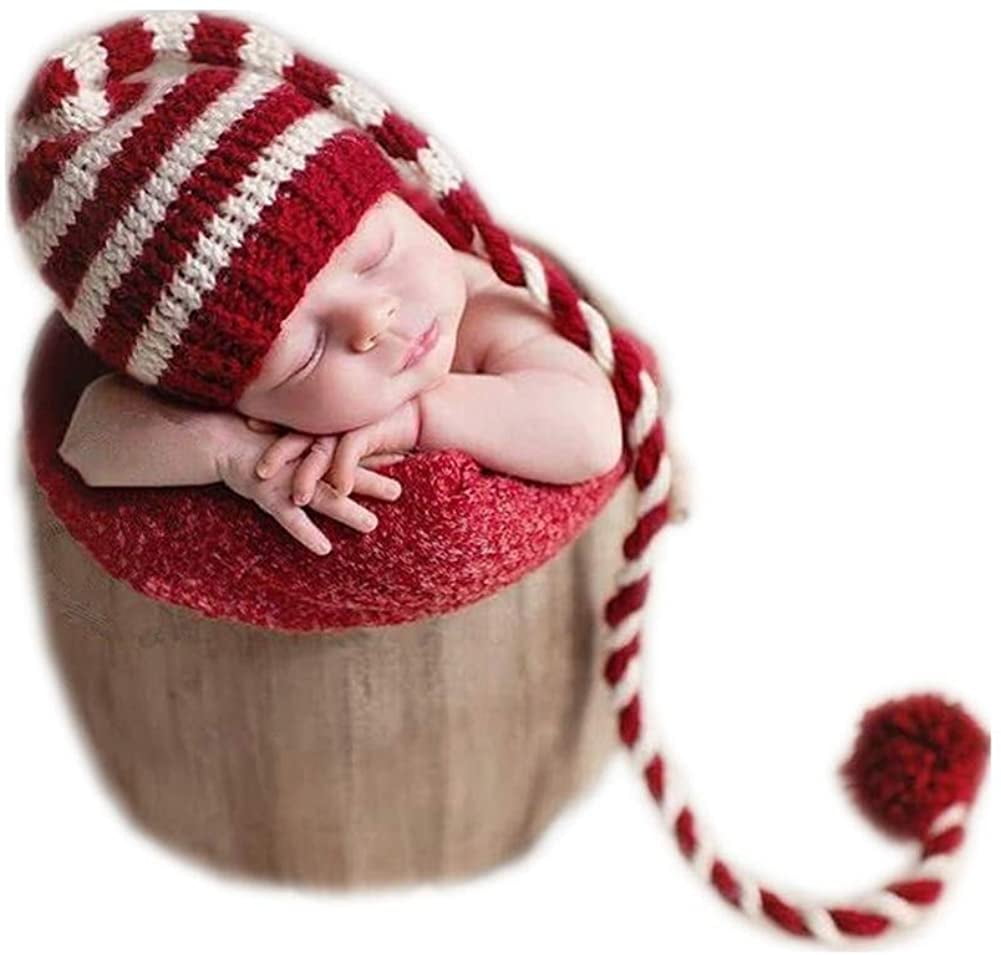 Baby knitting Long Tails Christmas Hat Photography Props Stripe Crochet Baby Hat 