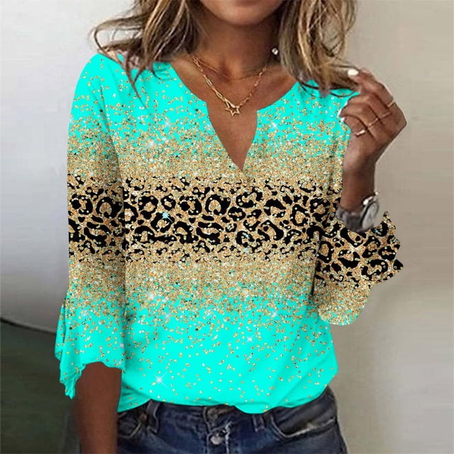 Ichuanyi liquidación de moda femenina camiseta suelta 3/4 manga blusa v cuello tops casuales ICHUANYI WER202308243375