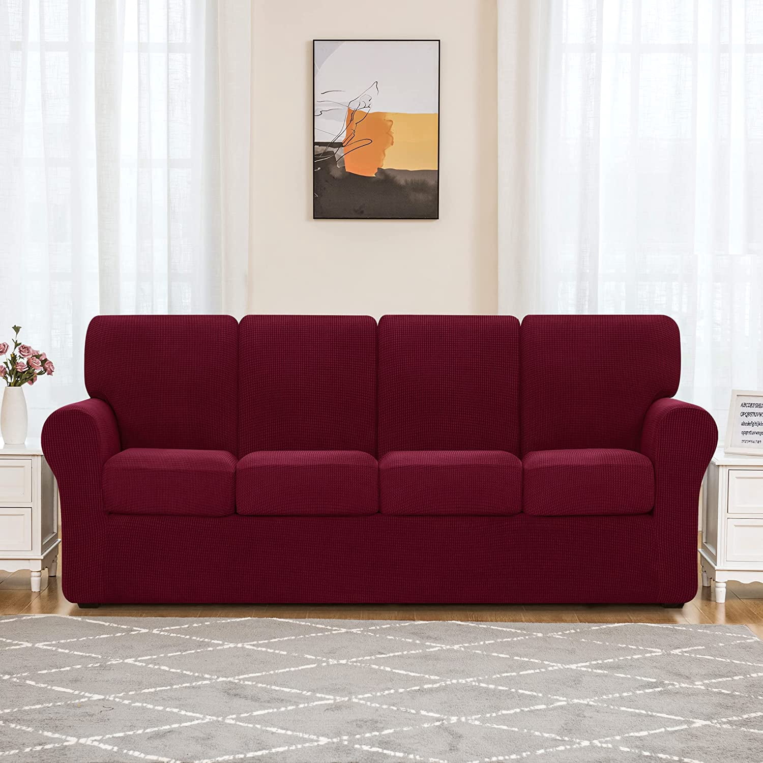 Subrtex Sofa Slipcover Sets 9 Pieces Stretch Couch Cover Backrest Cushion Covers (Oversized Sofa, Wine)