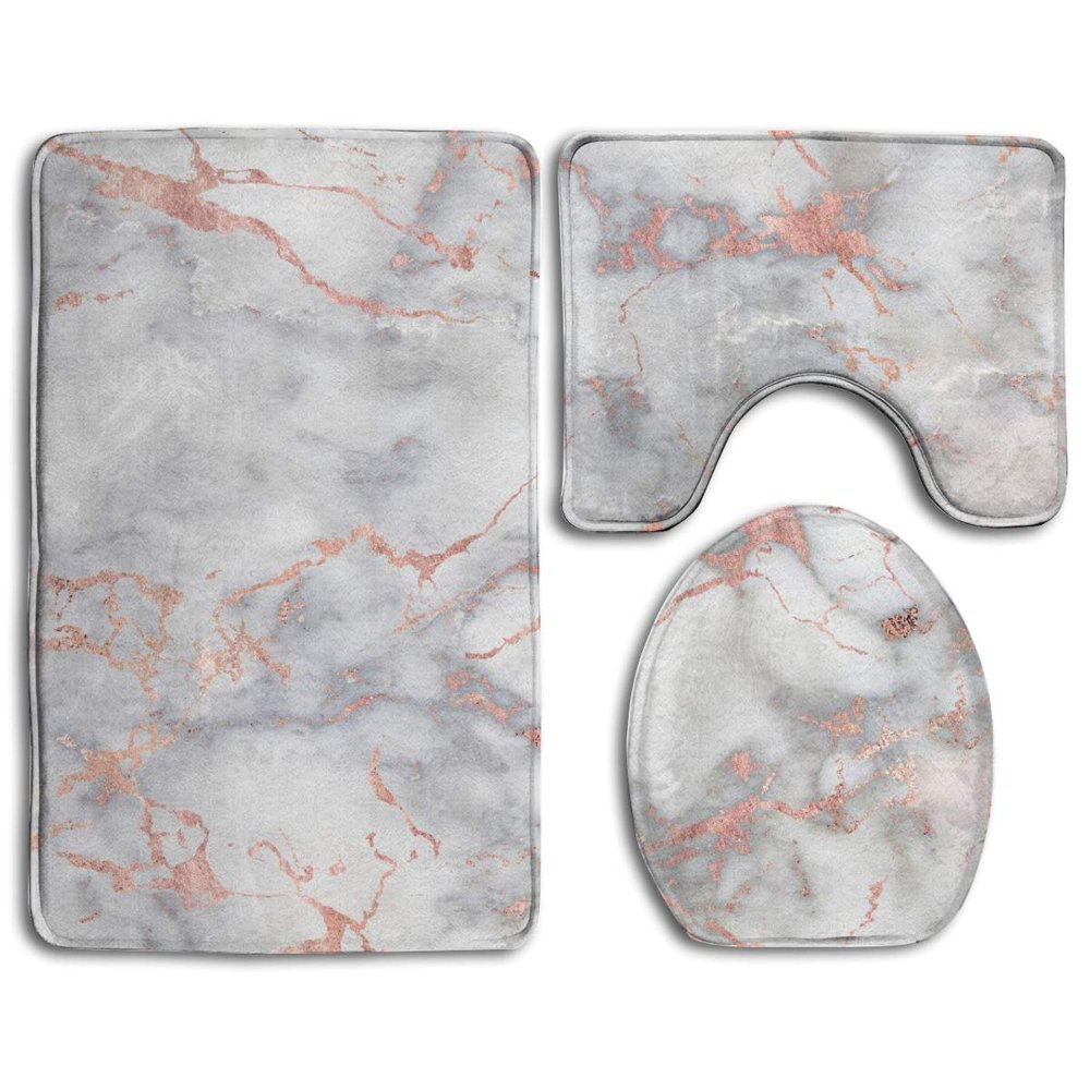 CHAPLLE Metal Rose Gold Veins On Gray Marble 3 Piece Bathroom Rugs Set Bath Rug Contour Mat and