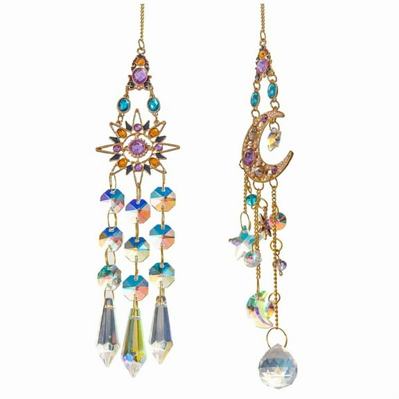2PCS Crystal Pendant Sun Moon Window Prisms Rainbow Vintage Wind Chimes Hanging Light Catcher Garden Decor