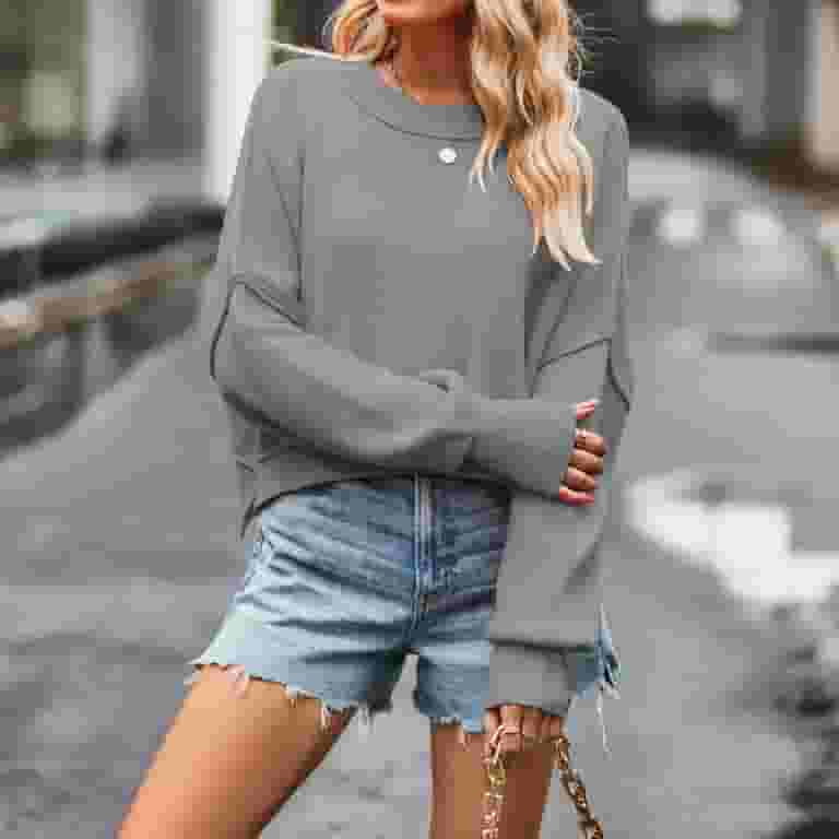 海外輸入 インボイス AKOEE Long Neck Crew Loose Dressy Sweater, Crop Gray Women's Clothing