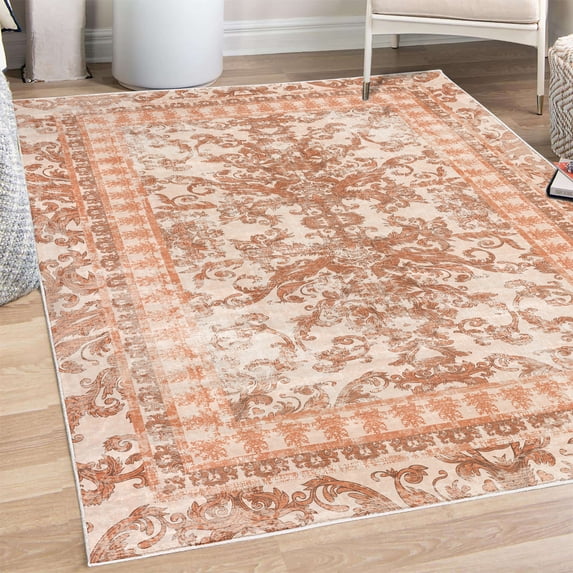 Vintage Decorative Rug, Victorian Style Pattern of Abstract Leaf Flourishes Grunge Concept Swirling, Quality Carpet for Bedroom Dorm and Living Room, 6 Sizes, Peach, by Ambesonne