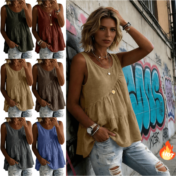 Mifsaly Loose Fitting Tank Tops for Women Tiered Linen Sleeveless Top Ruffle Hem Lightweight Flowy Cami Shirts Boho Summer Beach Vacation Clothes L