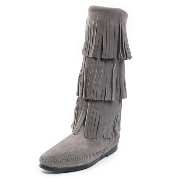 Minnetonka Women's 3-Layer Fringe Boot, Grey, Size 9