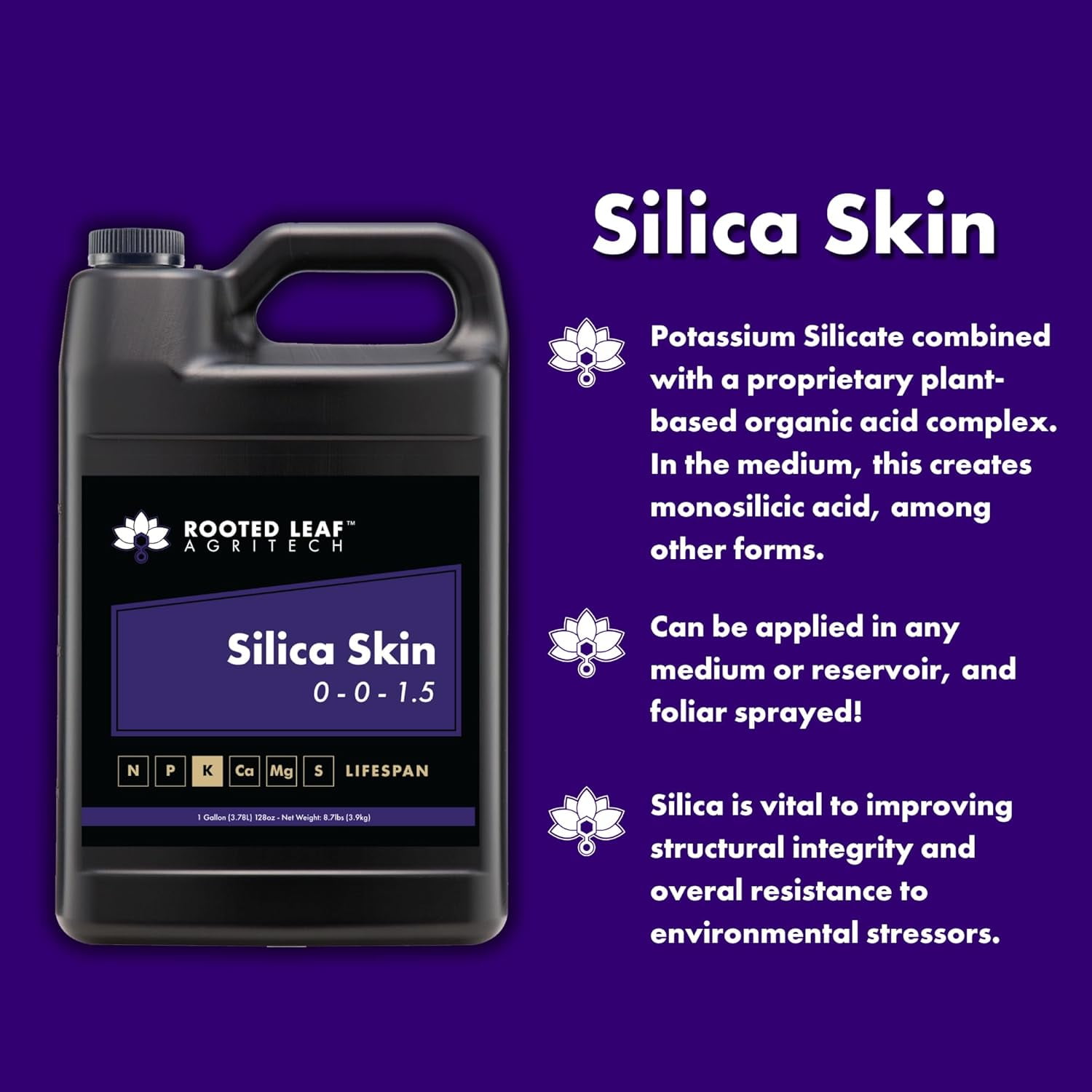 Silica Skin - Silica Fertilizer for Plants, Derived from Natural Sand with Plant Based Organic Acids, hydroponics, Soil/Coco/peat, foliar Spray - 2.5 Gallon
