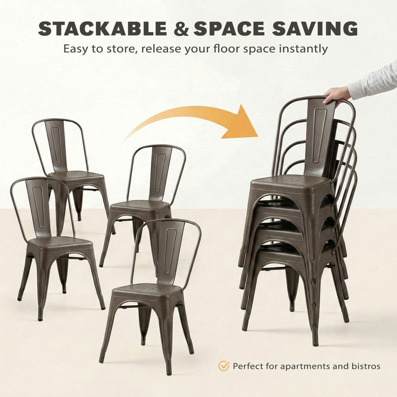 VINEEGO Metal Dining Chair Indoor-Outdoor Use Stackable Classic Trattoria Chair Fashion Dining Metal Side Chairs for Bistro Cafe Restaurant Set of 4 (Gun)