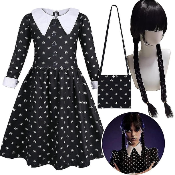 Vestido de miércoles Addams para niñas, vestido de fiesta de Cosplay + bolso + pelucas/vestido + bolso/pelucas, disfraces de disfraces de 4 a 10 años