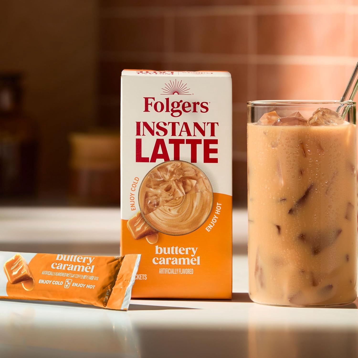 Folgers Buttery Caramel Flavored Instant Latte Packets, Instant Coffee Beverage Mix, 4 Single Serve Packets, 4.2 oz Box