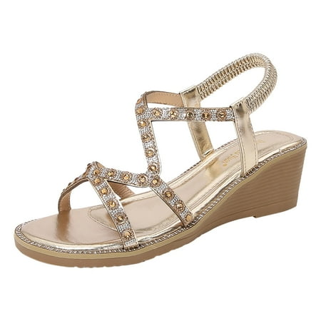 

Ediodpoh Summer Rhinestone Elastic Strap Sandals Thick Sole Wedge Heel Strap Women s Shoes Sandals Women Gold 7(38)
