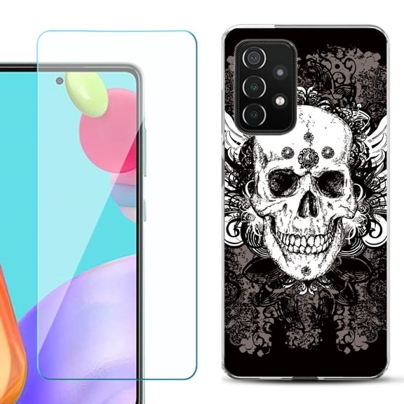 Slim-Fit Flexible Gel TPU Phone Case compatible with Samsung Galaxy A52 5G, with Tempered Glass Screen Protector, by OneToughShield ® - Grunge Skull