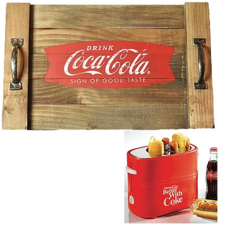 (Set) Coke Hot Dog & Bun Toaster And Coca-Cola Rustic Wooden Serving