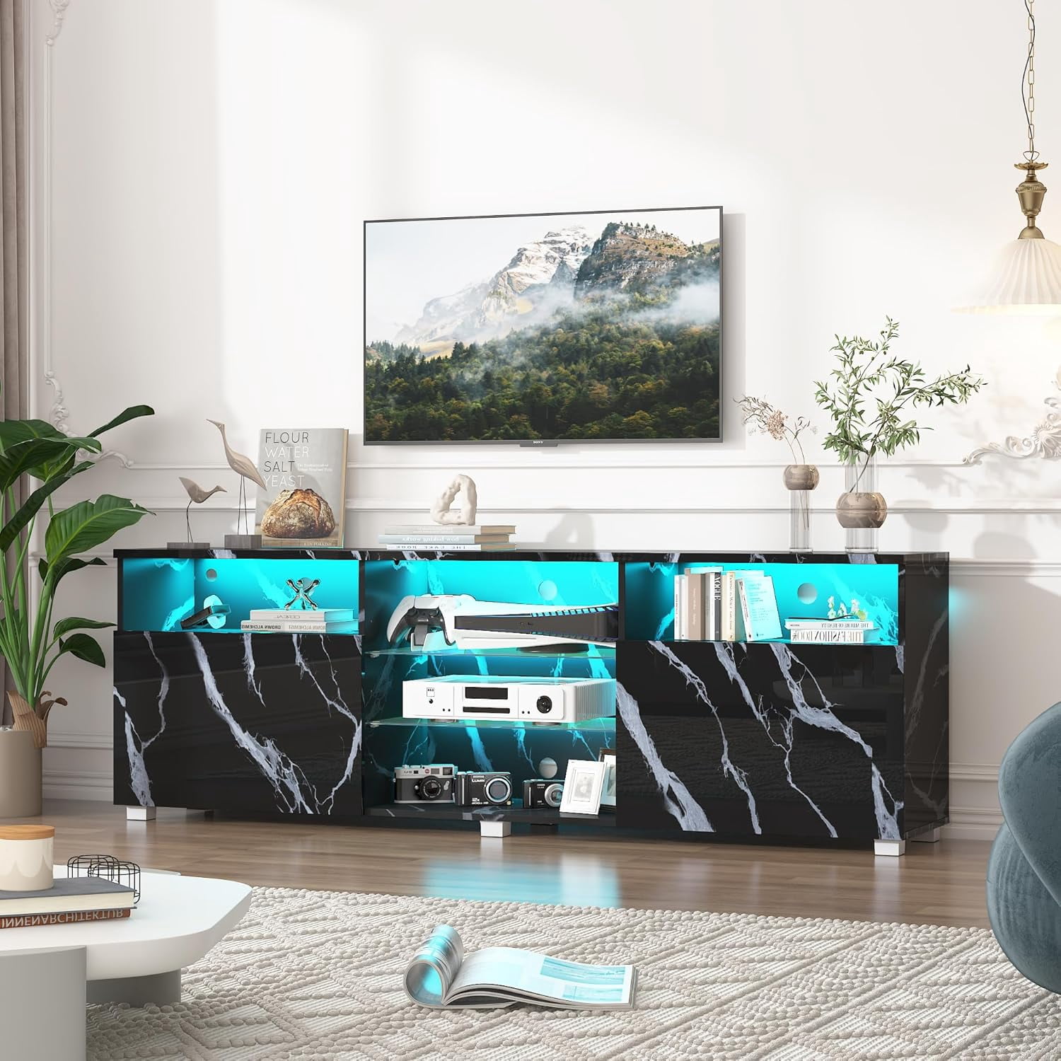 ChVans LED TV Stand for up to 80" TVs, 70" Large Entertainment Center Console Table Gaming Soundbar Shelf with 2 Storage Cabinets