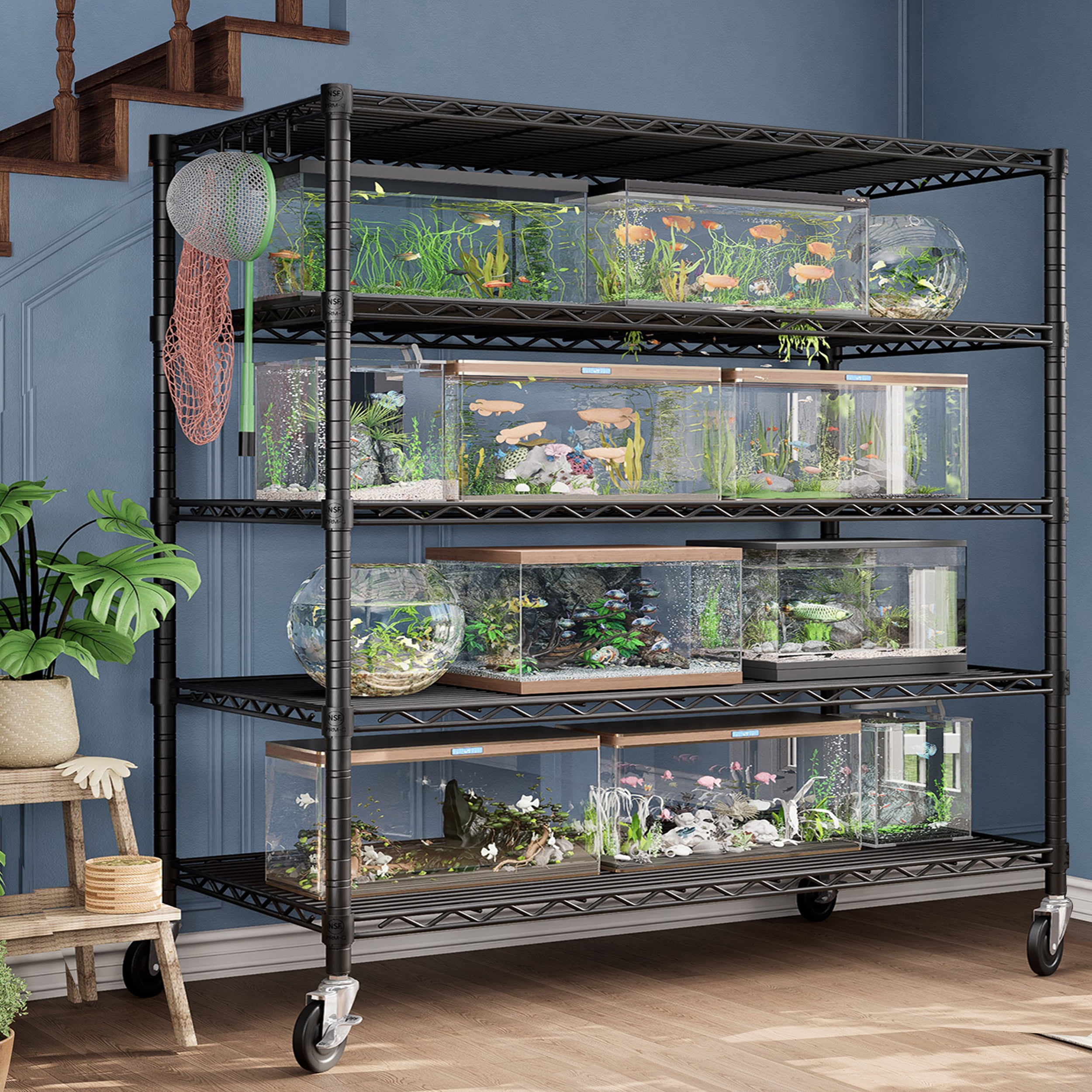 TrumanPick 5-Tier Storage Shelves, 48"W x 24"D x 76"H Metal Garage Shelving with Wheels, Heavy Duty Wire Shelving Rack for Kitchen, Black