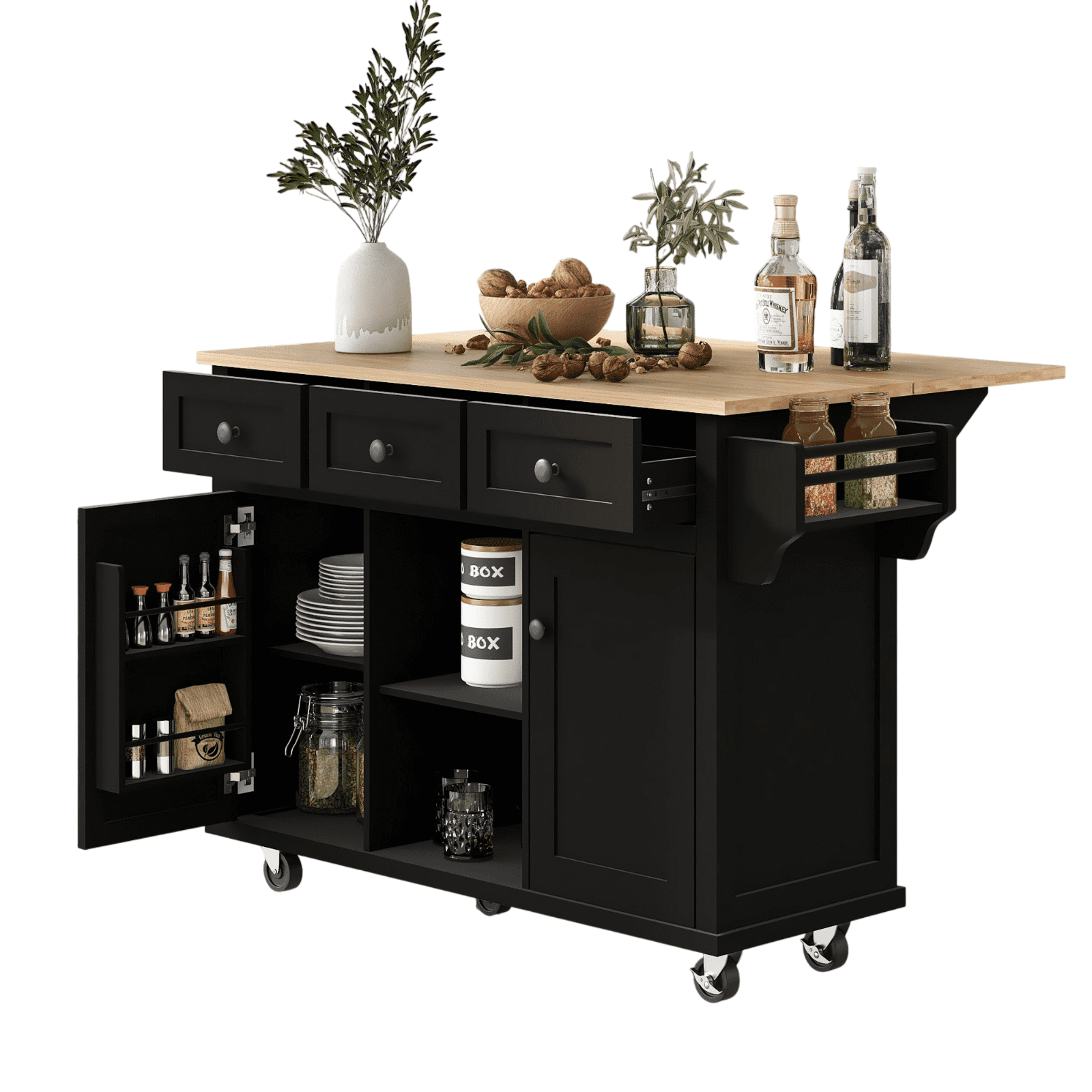 Homy Casa Drop-Leaf Kitchen Island with Storage, Wheels, Adjustable Shelves & Spice Rack, Black