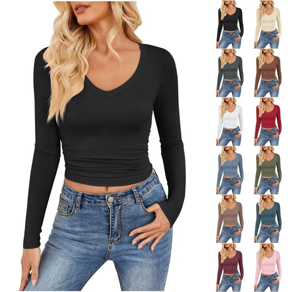 Otntypg Women Long Sleeve Shirts Basic Tight Athletic Workout T Shirt Trendy Summer Solid Color V Neck Slim Fit Going Out Crop Tops Beige L