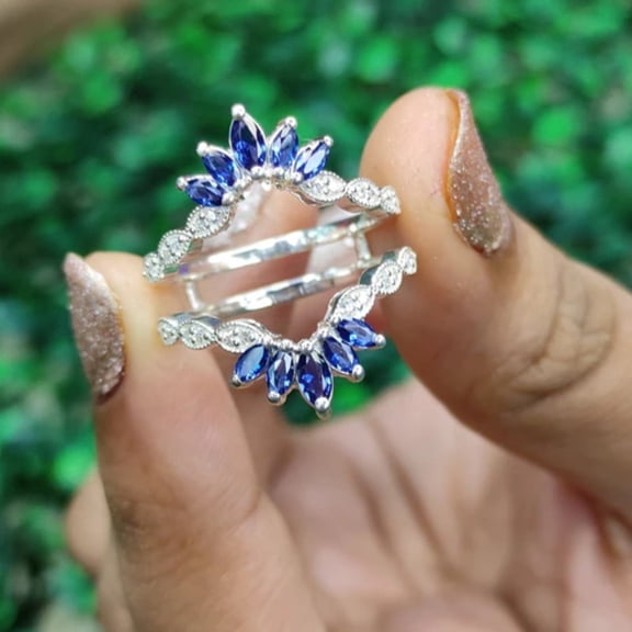 Vintage Blue and White Sapphire Wedding Engagement Ring Guard Wrap Band